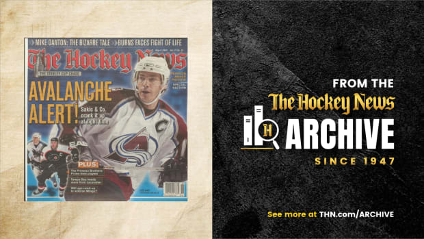 From The Hockey News Archive. Cover of Joe Sakic with words, "Avalanche Alert!"