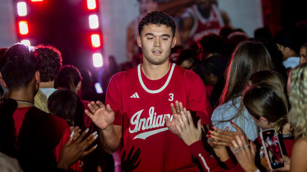 Indiana's Anthony Leal is announced during Hoosier Hysteria at Simon Skjodt Assembly Hall on Friday, October 20, 2023.  