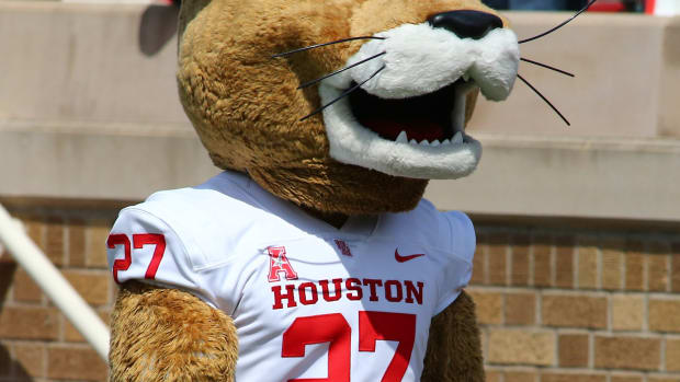 Sep 10, 2022; Lubbock, Texas, USA; The Houston Cougars mascot on the sidelines in the first half during the game against the Texas Tech Red Raiders at Jones AT&T Stadium and Cody Campbell Field. Mandatory Credit: Michael C. Johnson-USA TODAY Sports