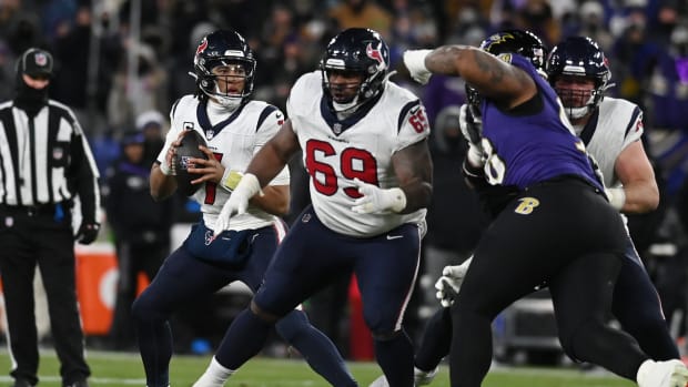 Texans quarterback C.J. Stroud drops back to pass against the Baltimore Ravens during the second quarter of a 2024 AFC divisional round game at M&T Bank Stadium