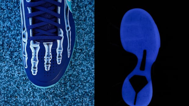 Black and blue Nike Kobe sneakers.