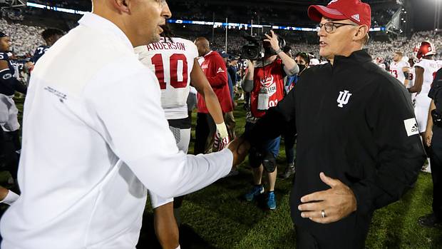 Indiana Hoosiers head coach Tom Allen (right) shakes hands with Penn State Nittany Lions head coach James Franklin (left) after a game at Beaver Stadium. Penn State won 24-0.