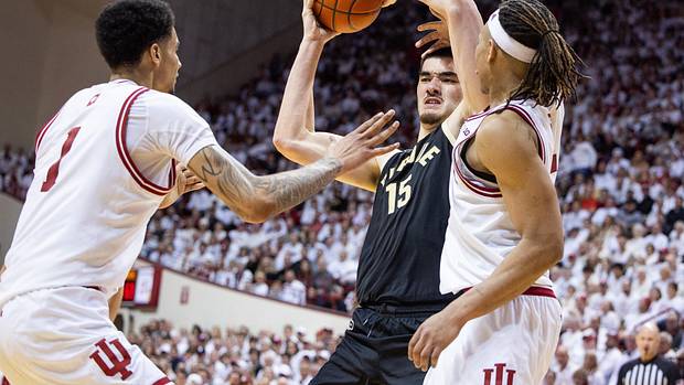 Purdue Boilermakers center Zach Edey (15) looks to shoot the ball while Indiana Hoosiers center Kel'el Ware (1) and forward Malik Reneau (5) defend in the second half at Simon Skjodt Assembly Hall.