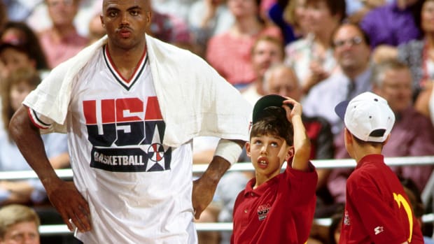 Team USA forward Charles Barkley looks on during a game in the 1992 Summer Olympics.
