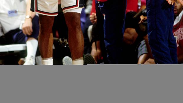 Team USA forward Charles Barkley looks on during a game in the 1992 Summer Olympics.