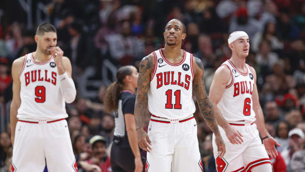 December 7, 2022; Chicago Bull' DeMar DeRozan, Nikola Vucevic, and Alex Caruso during home game against the Washington Wizards.