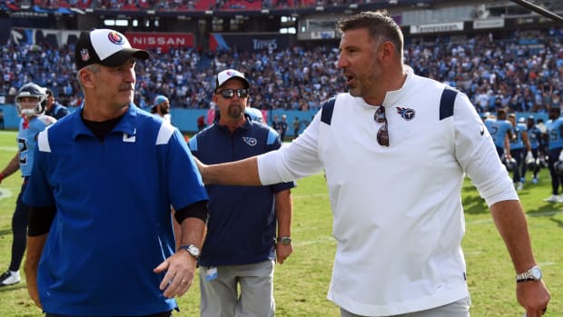 Indianapolis Colts head coach Frank Reich and Tennessee Titans head coach Mike Vrabel after a TItans win at Nissan Stadium.