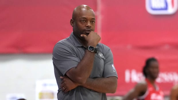 Atlanta Hawks Summer League head coach Nick Van Exel is pictured during a game against the San Antonio Spurs at Cox Pavilion.