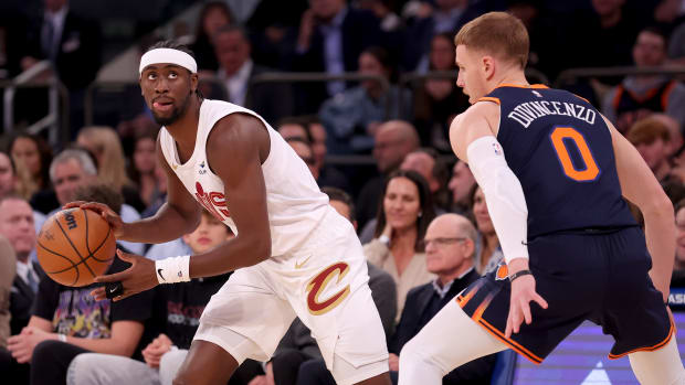 Nov 1, 2023; New York, New York, USA; Cleveland Cavaliers guard Caris LeVert (3) controls the ball against New York Knicks guard Donte DiVincenzo (0) during the first quarter at Madison Square Garden.