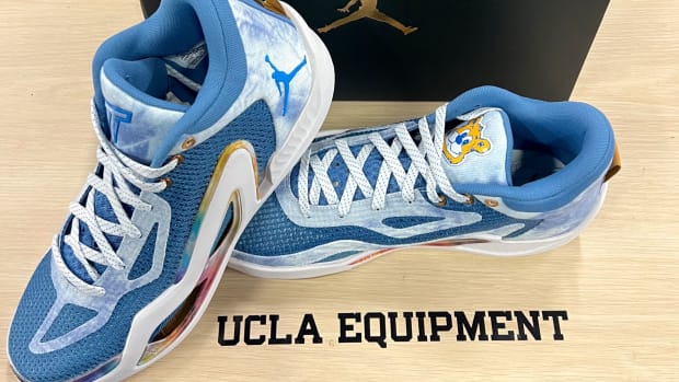 Side view of Jayson Tatum's Jordan Brand shoes in UCLA colors.