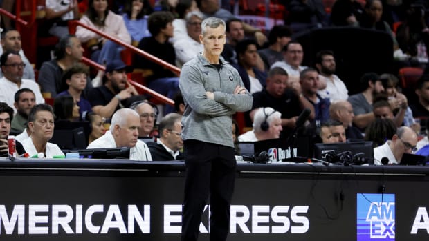 Chicago Bulls head coach Billy Donovan looks on from the sideline during the fourth quarter against the Miami Heat 