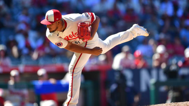 Aug 6, 2023; Anaheim, California, USA; Los Angeles Angels relief pitcher Jaime Barria (51) throws against the Seattle Mariners during the ninth inning at Angel Stadium. Mandatory Credit: Gary A. Vasquez-USA TODAY Sports