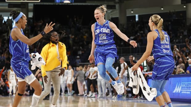 Chicago Sky guard Courtney Vandersloot celebrates a game-winning basket.
