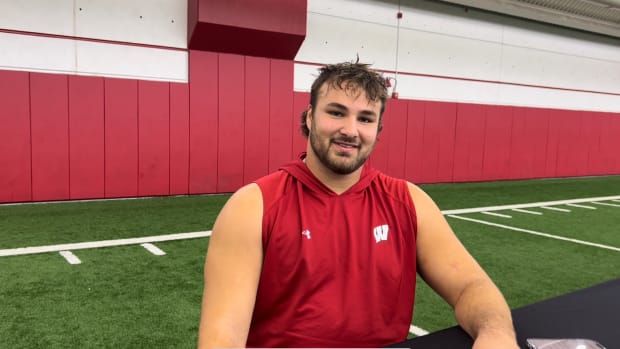 Wisconsin offensive lineman Tanor Bortolini smiling after the Badgers 66-7 win against New Mexico State.