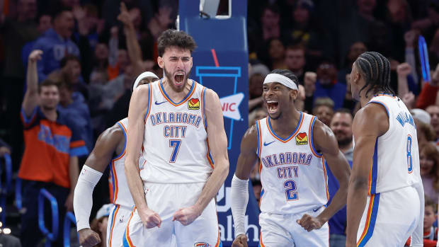 Dec 8, 2023; Oklahoma City, Oklahoma, USA; Oklahoma City Thunder forward Chet Holmgren (7), and guard Shai Gilgeous-Alexander (2) celebrate after Chet Holmgren scores a basket against the Golden State Warriors during the second half at Paycom Center.