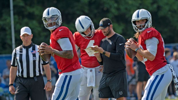 Indianapolis Colts quarterbacks Anthony Richardson (5), from left in red jerseys, Sam Ehlinger (4) and Gardner Minshew II (10) run drills during Colts Camp practice at Grand Park, Tuesday, Aug. 1, 2023 in Westfield.