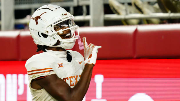 Texas wide receiver Adonai Mitchell (5) is the lone player Longhorn mocked for the first round of the 2024 NFL Draft, according to Pro Football Focus.