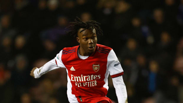Joel Ideho pictured playing for Arsenal's Under 21s in an EFL Trophy game against Wigan Athletic in January 2022