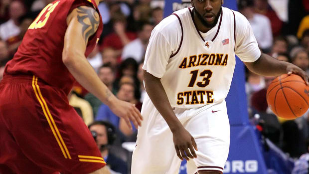 Arizona State Sun Devils guard James Harden dribbles the ball.