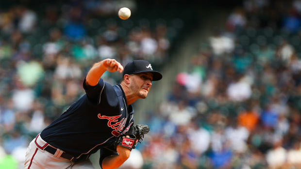 Sep 11, 2022; Seattle, Washington, USA; Atlanta Braves starting pitcher Jake Odorizzi (12) throws against the Seattle Mariners during the first inning at T-Mobile Park. Mandatory Credit: Lindsey Wasson-USA TODAY Sports