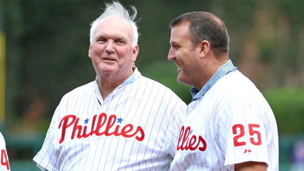 Aug 13, 2017; Philadelphia, PA, USA; Philadelphia Phillies alumni Charlie Manuel and Jim Thome during pre game ceremony against the New York Mets at Citizens Bank Park. Mandatory Credit: Eric Hartline-USA TODAY Sports  