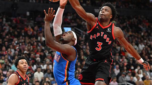 Toronto Raptors forward OG Anunoby (3) blocks a shot from Oklahoma City Thunder guard Luguentz Dort (5) in the first half at Scotiabank Arena.