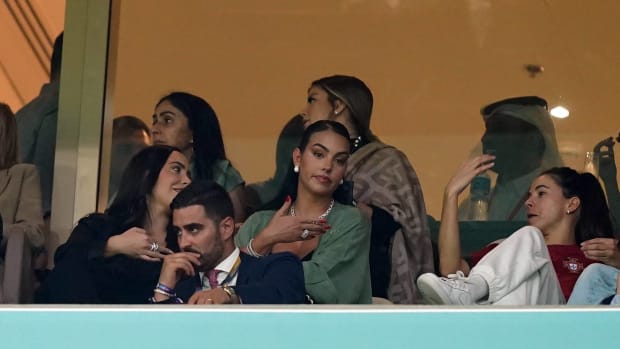 Georgina Rodriguez pictured (center) watching Portugal vs Switzerland after her boyfriend, Cristiano Ronaldo, was dropped from the starting XI