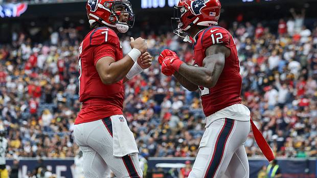 Houston Texans quarterback C.J. Stroud (7) and wide receiver Nico Collins (12) celebrate after a touchdown against the Pittsburgh Steelers at NRG Stadium Sunday. The Texans won 30-6.