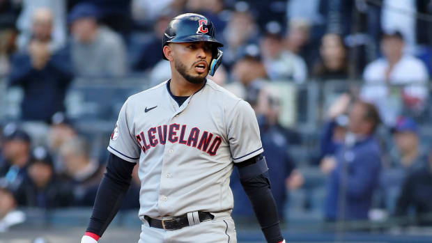 Oct 18, 2022; Bronx, New York, USA; Cleveland Guardians first baseman Gabriel Arias (8) reacts after striking out against the New York Yankees during the second inning in game five of the ALDS for the 2022 MLB Playoffs at Yankee Stadium. Mandatory Credit: Wendell Cruz-USA TODAY Sports