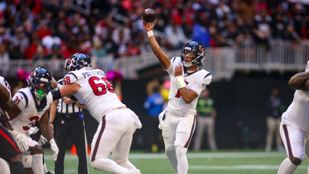 Texans quarterback C.J. Stroud throws a pass against the Atlanta Falcons in the second half at Mercedes-Benz Stadium