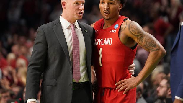 Maryland Terrapins head coach Kevin Willard talks to guard Jahmir Young (1) during the second half at Legacy Arena.