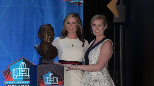 Canton, OH, USA; Beth Bowlen (left), the wife of Pat Bowlen, and daughter Brittany Bowlen pose with bust of the late Pat Bowlen during the Pro Football Hall of Fame Enshrinement at Tom Benson Hall of Fame Stadium.