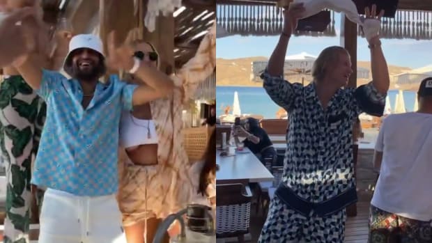 Riyad Mahrez (left) and Erling Haaland pictured partying in Mykonos in June 2021