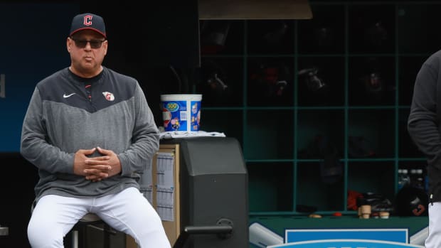 Sep 24, 2023; Cleveland, Ohio, USA; Cleveland Guardians manager Terry Francona looks on from the dugout during the fourth inning against the Baltimore Orioles at Progressive Field. Mandatory Credit: Aaron Josefczyk-USA TODAY Sports