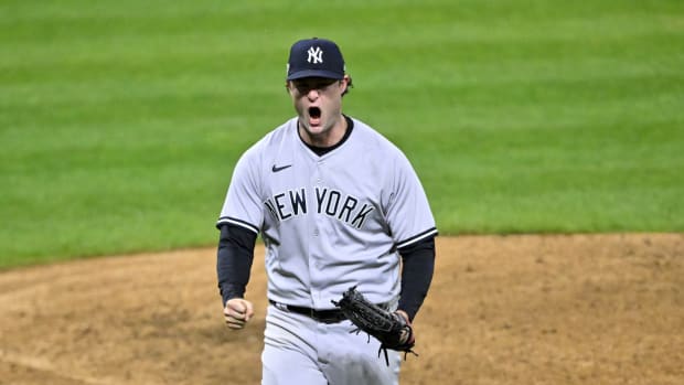 Gerrit Cole reacts after striking out a batter for the New York Yankees