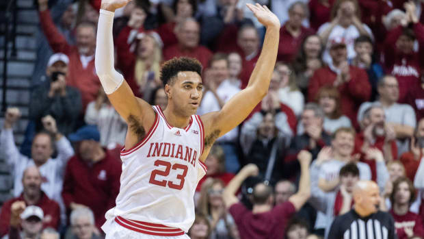 Indiana Hoosiers forward Trayce Jackson-Davis (23) celebrates a made basket in the second half against the Wisconsin Badgers at Simon Skjodt Assembly Hall.