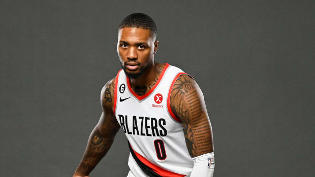 Damian Lillard poses for a picture during media day.