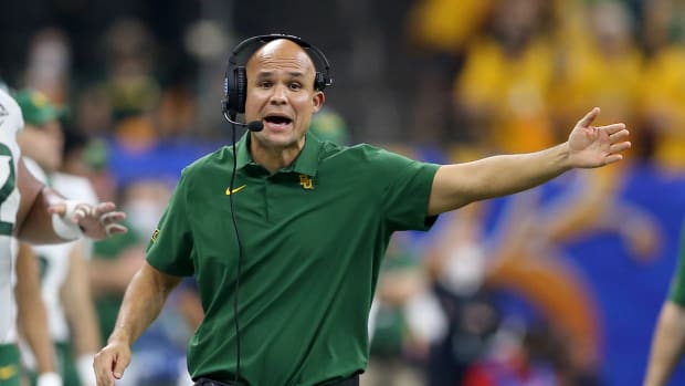 Jan 1, 2022; New Orleans, LA, USA; Baylor Bears head coach Dave Aranda reacts in the second quarter against the Mississippi Rebels in the 2022 Sugar Bowl at the Caesars Superdome. Mandatory Credit: Chuck Cook-USA TODAY Sports