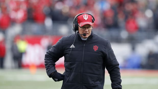 Indiana Hoosiers head coach Tom Allen coaches during the third quarter against the Ohio State Buckeyes at Ohio Stadium.