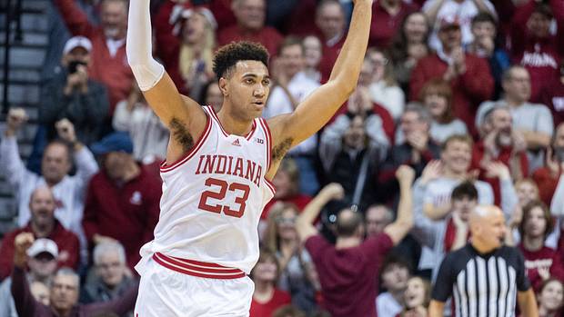 Indiana Hoosiers forward Trayce Jackson-Davis (23) celebrates a made basket in the second half against the Wisconsin Badgers at Simon Skjodt Assembly Hall.