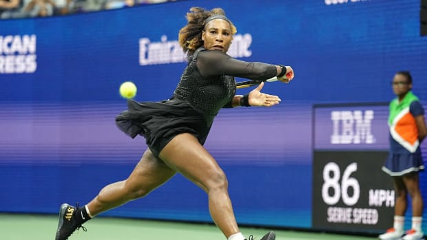 Serena Williams hits a backhand during the first round of the 2022 U.S. Open