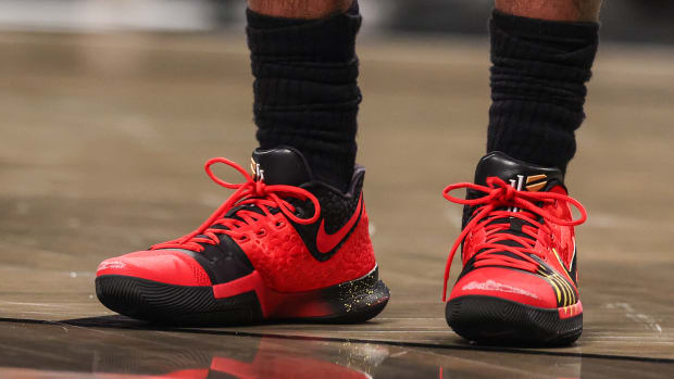 Brooklyn Nets point guard Kyrie Irving wears the Nike Kyrie 7 sneakers.