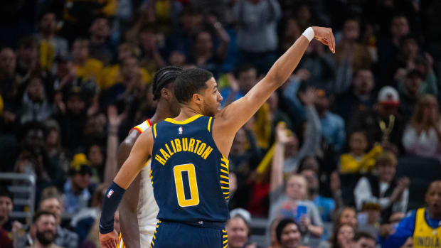 Pacers guard Tyrese Haliburton celebrates a made shot.