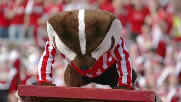 Bucky Badger doing pushups after a Wisconsin touchdown (Credit: Mary Langenfeld-USA TODAY Sports)