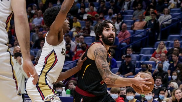 Cleveland Cavaliers guard Ricky Rubio (3) drives to the basket against New Orleans Pelicans forward Herbert Jones (5) during the first half at Smoothie King Center.