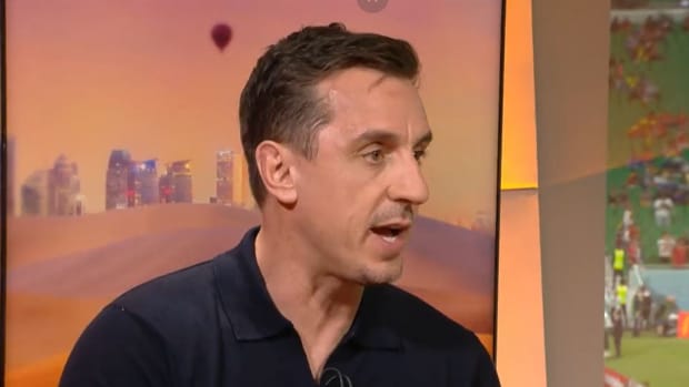Gary Neville pictured in the studio during ITV's live coverage of Spain vs Costa Rica at the 2022 World Cup in Qatar