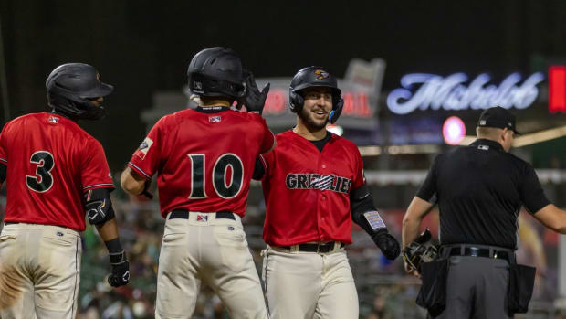 Kody Huff after hitting a two-run home run for the Fresno Grizzlies.