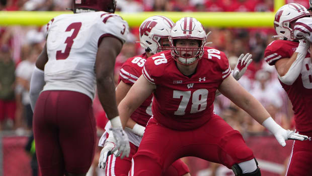 Wisconsin offensive lineman Trey Wedig (78) in pass protection during the first quarter of their game against New Mexico State Saturday, September 17, 2022 at Camp Randall Stadium in Madison, Wis.