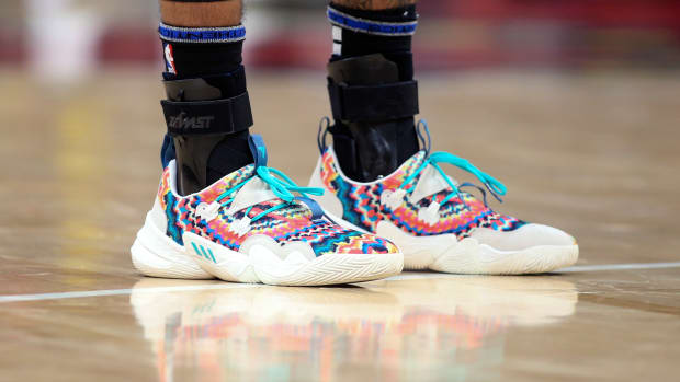 Atlanta Hawks guard Trae Young wears the Adidas Trae Young 1 'Tie-Dye' sneakers against the Toronto Raptors on February 26, 2022.