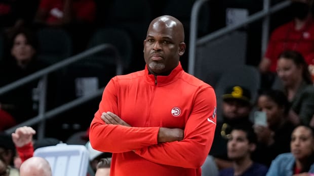 Atlanta Hawks head coach Nate McMillan during the game against the Cleveland Cavaliers during the second half at State Farm Arena.